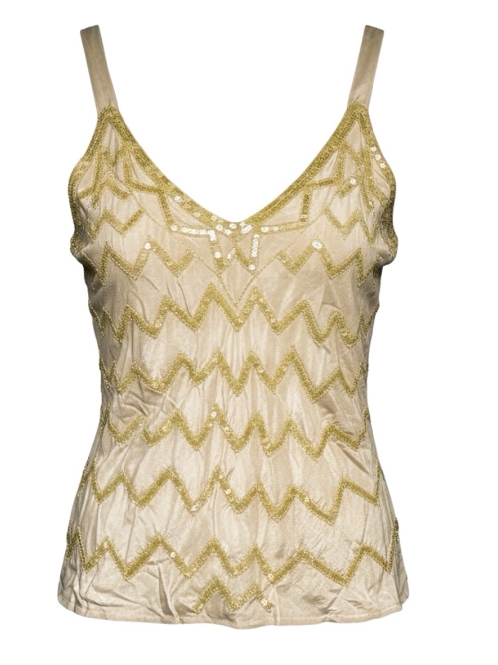 VTG 80s Silk Sequin Camisole Tank Top Gold Tan Glam Size S Lined